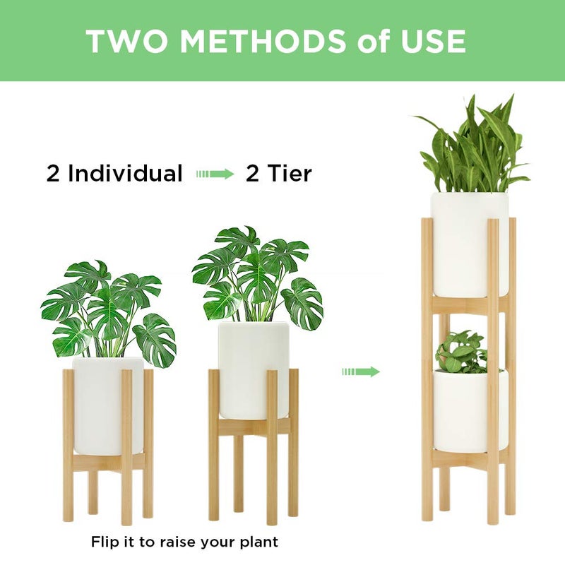 MUDEELA 2 Pack Indoor Plant Stands, 2 Tier Tall Plant Stand 30 inches, Mid Century Bamboo Plant Stand, Adjustable Width 8 - 12 inches, Fits Pot Size of 8 9 10 11 12 inches Pot & Plant Not Included, Natural - Image 3